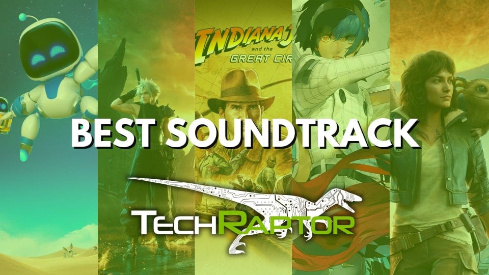 Five games featured in a header image for the Best Soundtrack Award for the 2024 TechRaptor Awards.