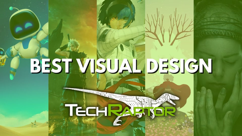 Best visual design image with 5 games in a green tint for TechRaptor's awards 2024.