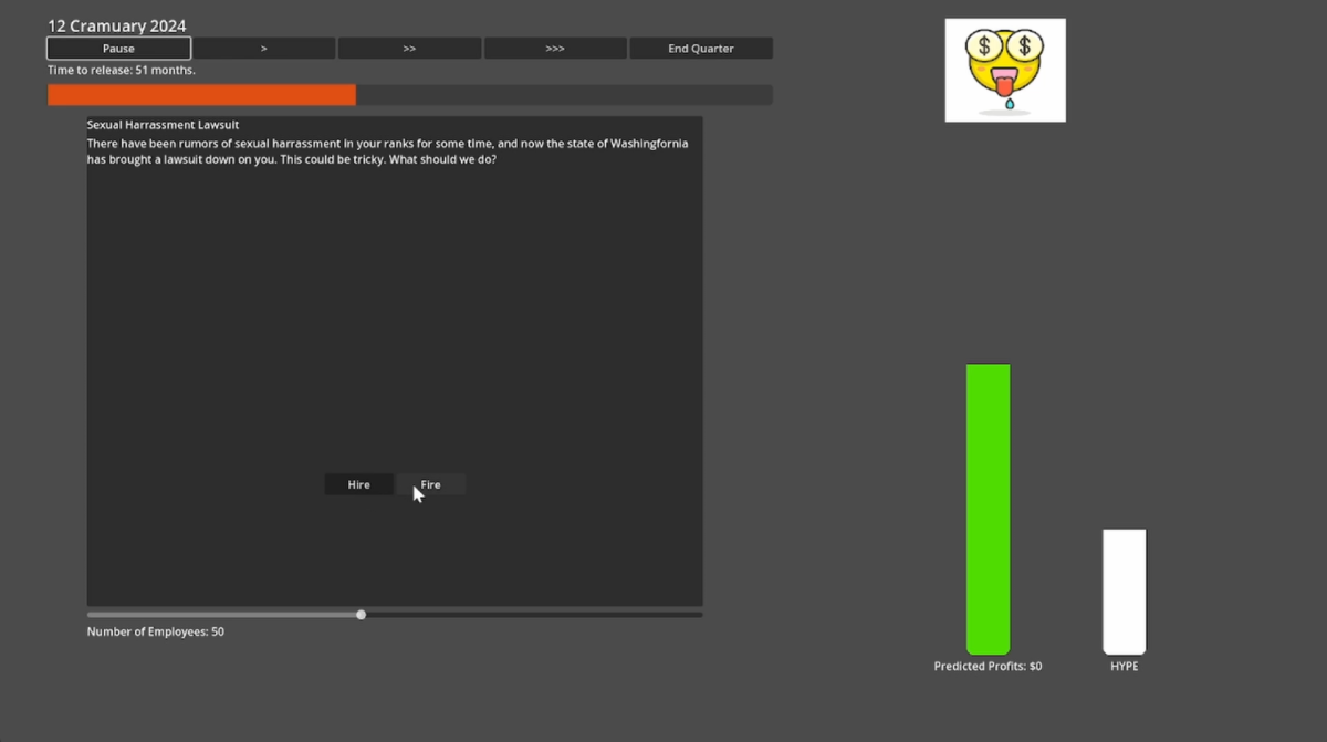 An early prototype image of AAA Simulator which shows you reacting to hire or fire people to an event, with project profits and hype represented to the right with a bar 