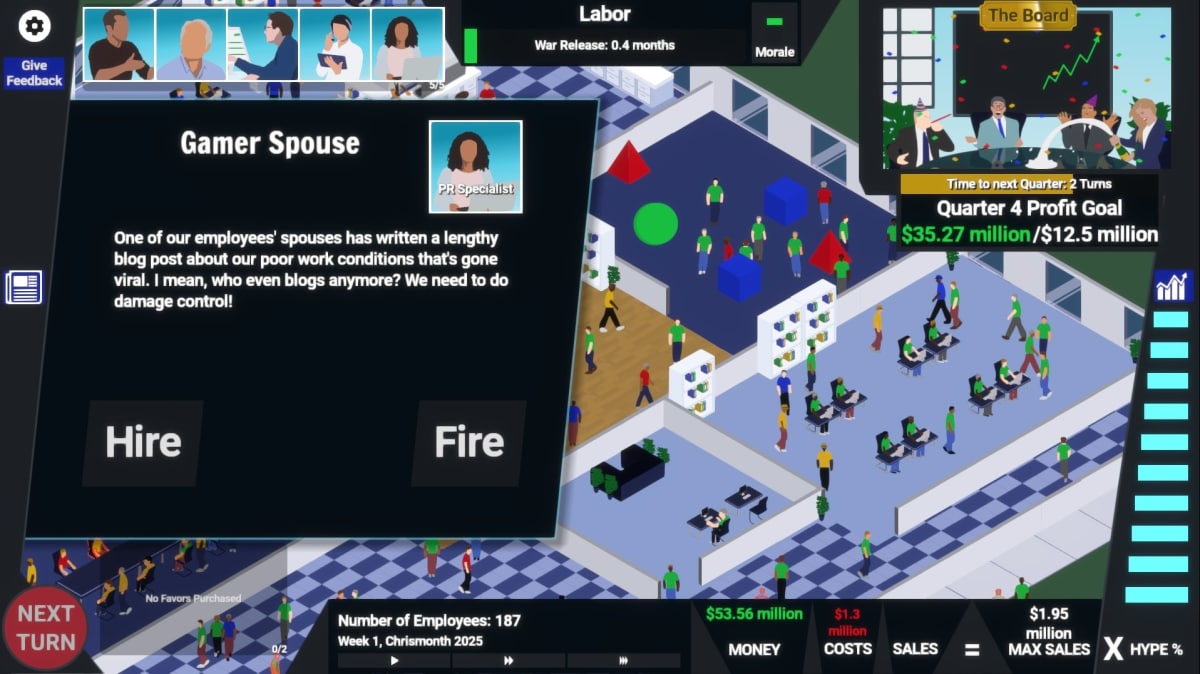 AAA Simulator Gamer Spouse Event text says "One of our employees' spouses has written a lengthy blog post about our poor work conditions that's gone viral. I mean, who even blogs anymore? We need to do damage control!" and presents the optiosn to hire or fire employees.