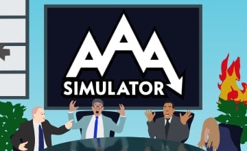 AAA Simulator header has the 3 A's connected like mountains with an arrow down on the far right one on a blackboard behind a semicircle board room table with 4 board members looking distraught while a plant in the back right of the room is on fire.