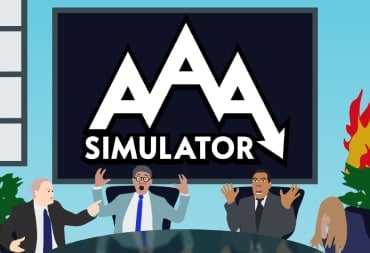 AAA Simulator header has the 3 A's connected like mountains with an arrow down on the far right one on a blackboard behind a semicircle board room table with 4 board members looking distraught while a plant in the back right of the room is on fire.
