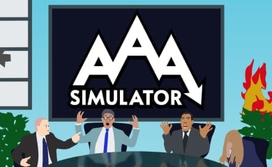 AAA Simulator header has the 3 A's connected like mountains with an arrow down on the far right one on a blackboard behind a semicircle board room table with 4 board members looking distraught while a plant in the back right of the room is on fire.
