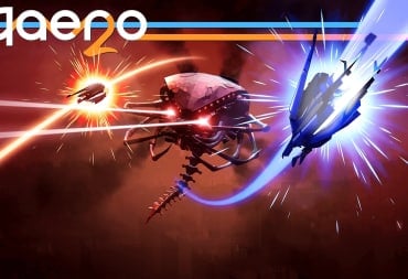 A spread-shot cover of Aaero2, showcasing two ships, colored orange and blue respectively, engaged against a giant red-eyed machine, against the backdrop of a hellish sky..