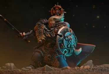 A man with an ornate shield, sword, and light blue armor, screaming on top of a dark battlefield.