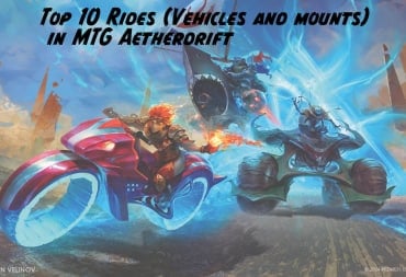 Aetherdrift Top 10 Vehicles and Mounts with an image of Chandra racing on her motorcycle ahead of an offroad type car, and a flying sharkmobile 