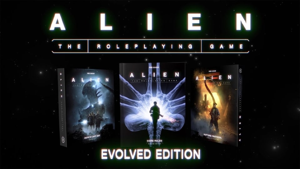 A spread of three books featuring Aliens and facehuggers on a black background. The title, "Alien The Roleplaying Game Evolved Edition" is above in white and light green text.