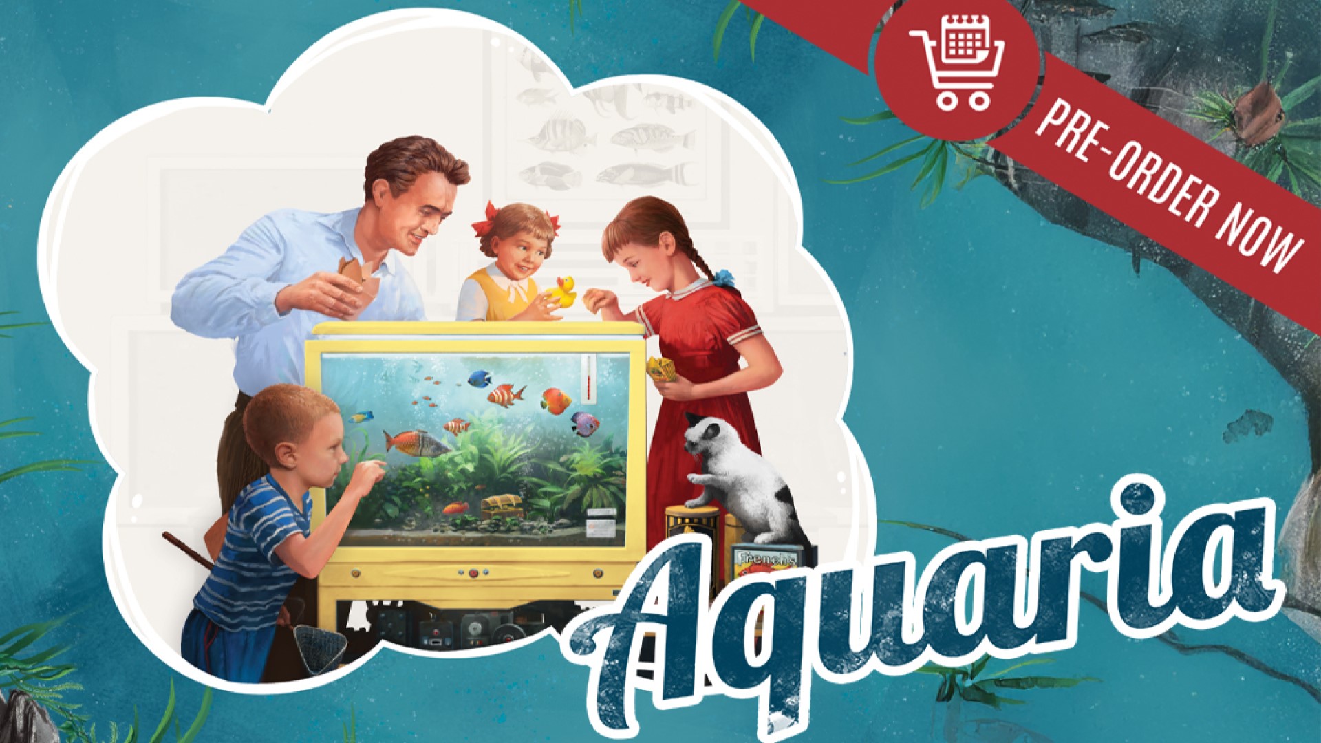 A 1950s portrait of a family surrounding an aquarium. The text, "Aquaria" is in the corner in fancy light blue text.