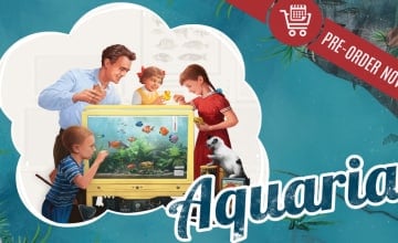 A 1950s portrait of a family surrounding an aquarium. The text, "Aquaria" is in the corner in fancy light blue text.
