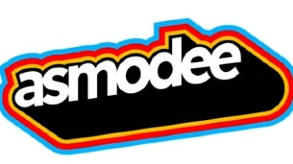 The Asmodee logo in white text with a technicolor outline on a white background.