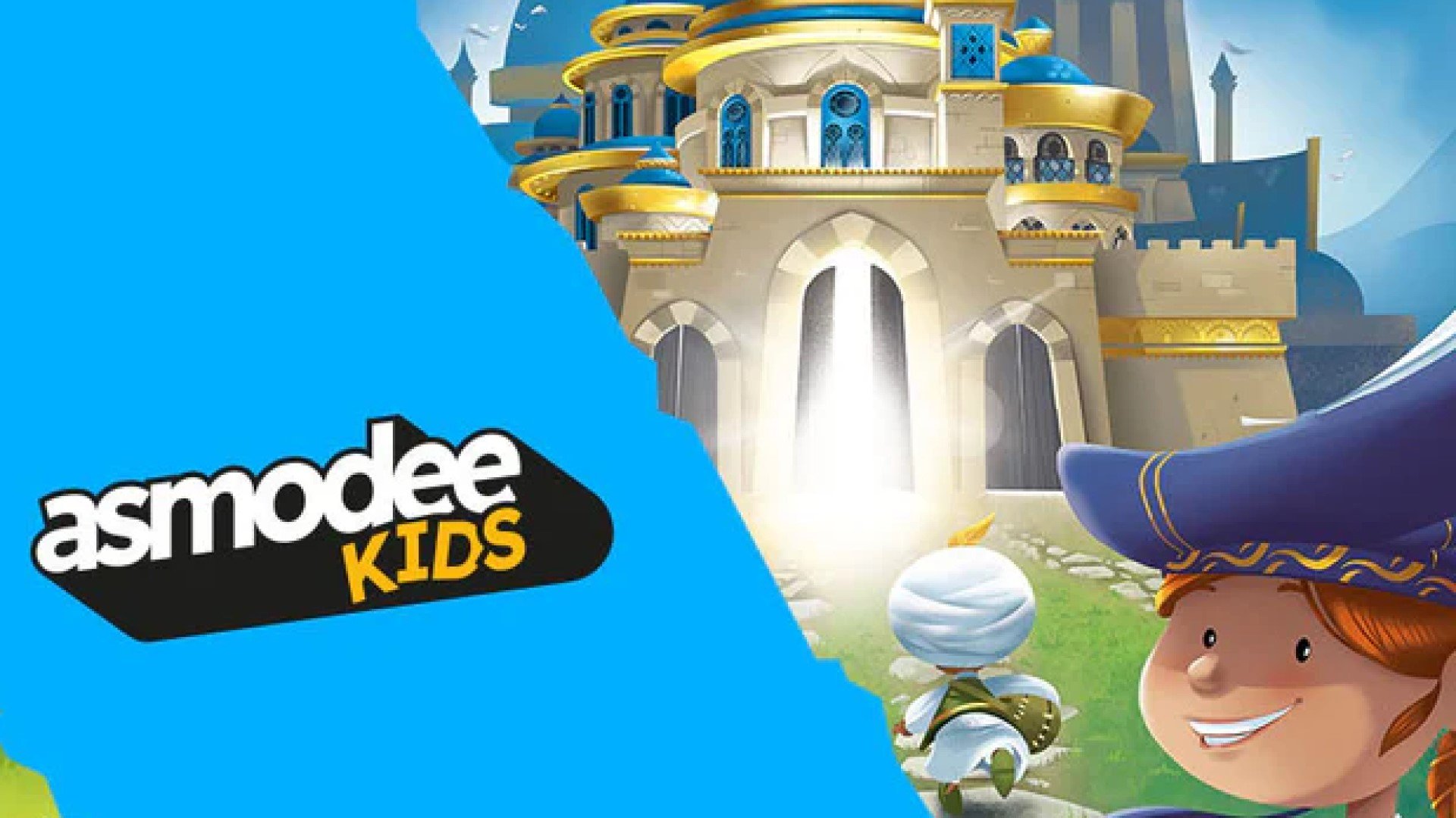 A split image. A stretch of blue with the "Asmodee Kids" logo on the left side. A fantasy castle and a smiling kid in a purple hat on the right.