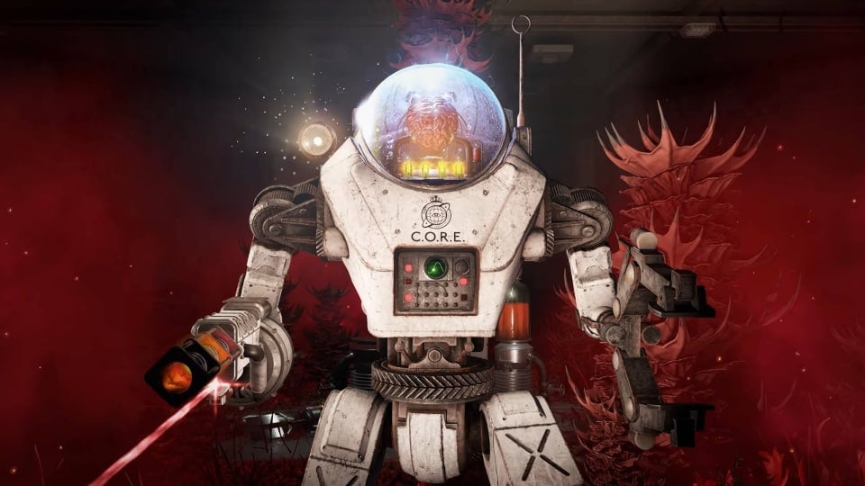 A C.O.R.E. robot against a backdrop of some kind of red growths in the Atomfall The Red Strain story DLC