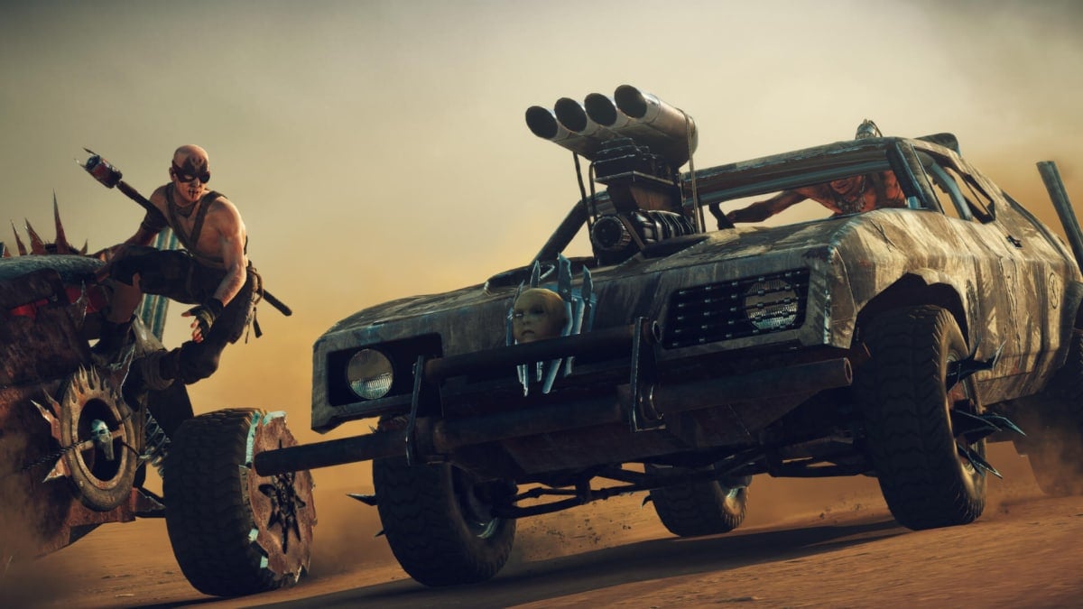 Wasteland bandits leaping onto Max's car in Avalanche Studios' Mad Max