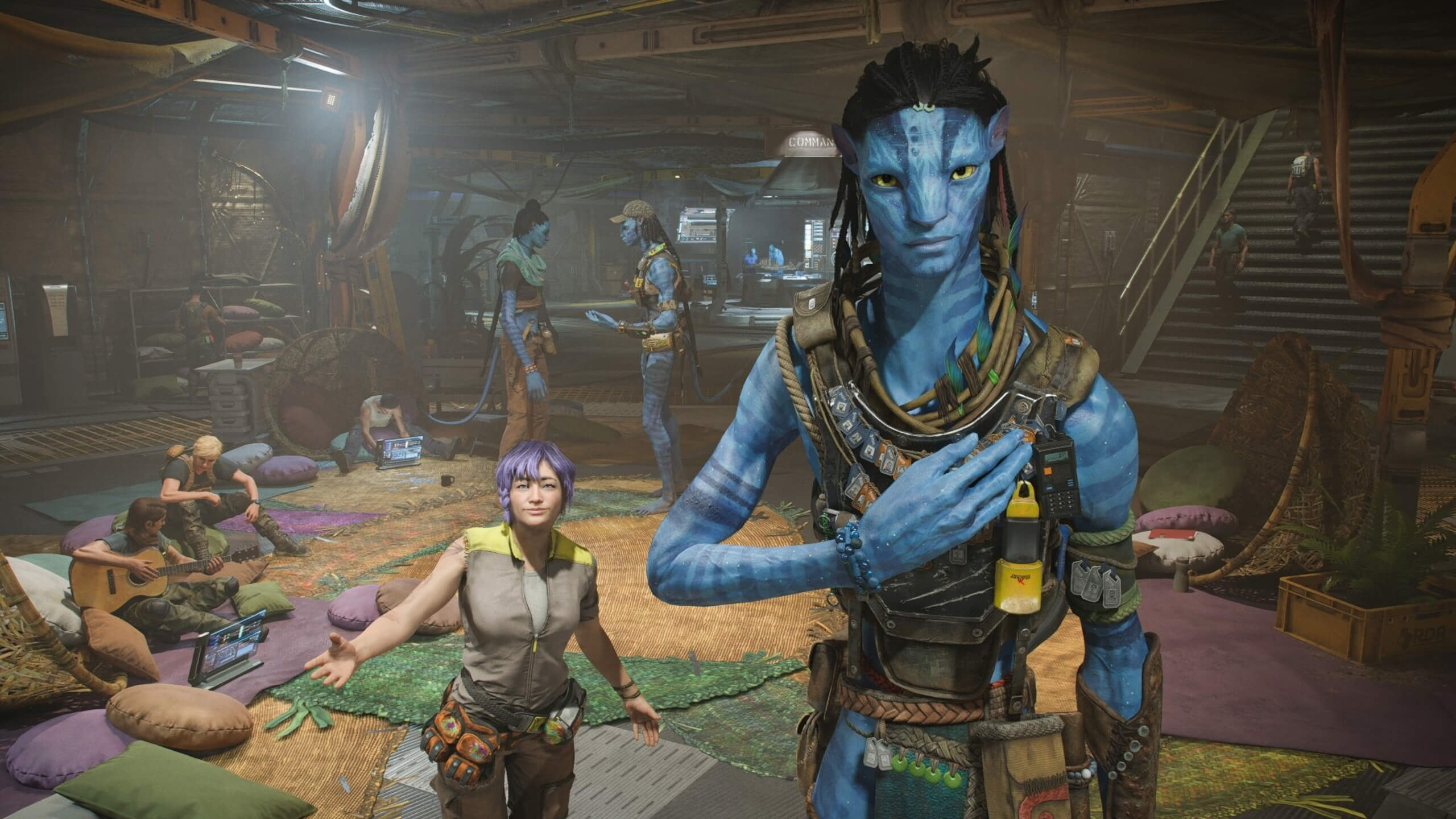 A Na'vi and a purple-haired human looking at the player in Avatar: Frontiers of Pandora