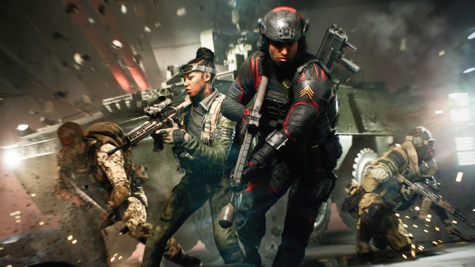 A group of four soldiers in front of a tank in Battlefield 2042