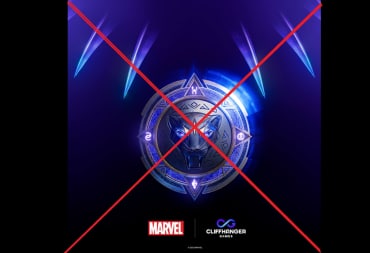 Black Panther game amulet with Cliffhanger Games and Marvel logos, with a big red X run through it 