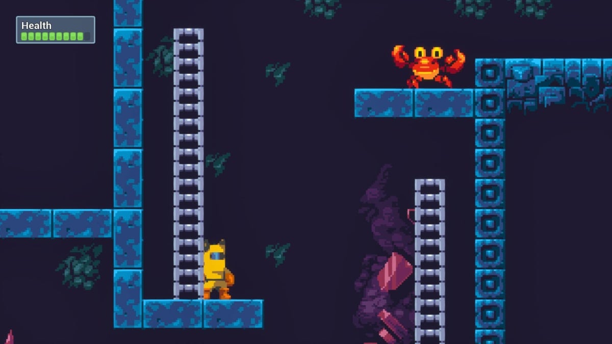 A spaceman character waiting at the foot of a ladder in BlockBlasters, which had cryptodrainer malware injected into it