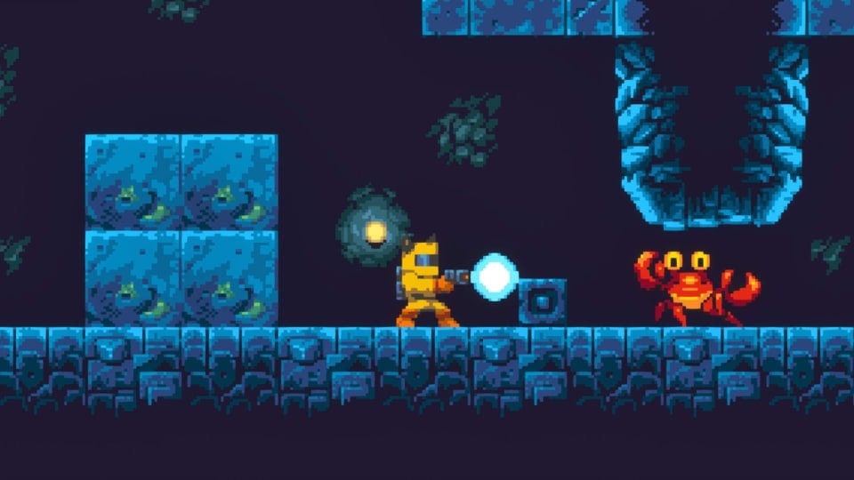 A spaceman shooting some kind of lobster enemy in BlockBlasters, which turned out to be a cryptodrain scam that robbed a cancer-stricken streamer of $30,000