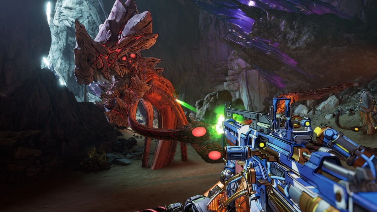 The player shooting a giant rock monster in Borderlands 4
