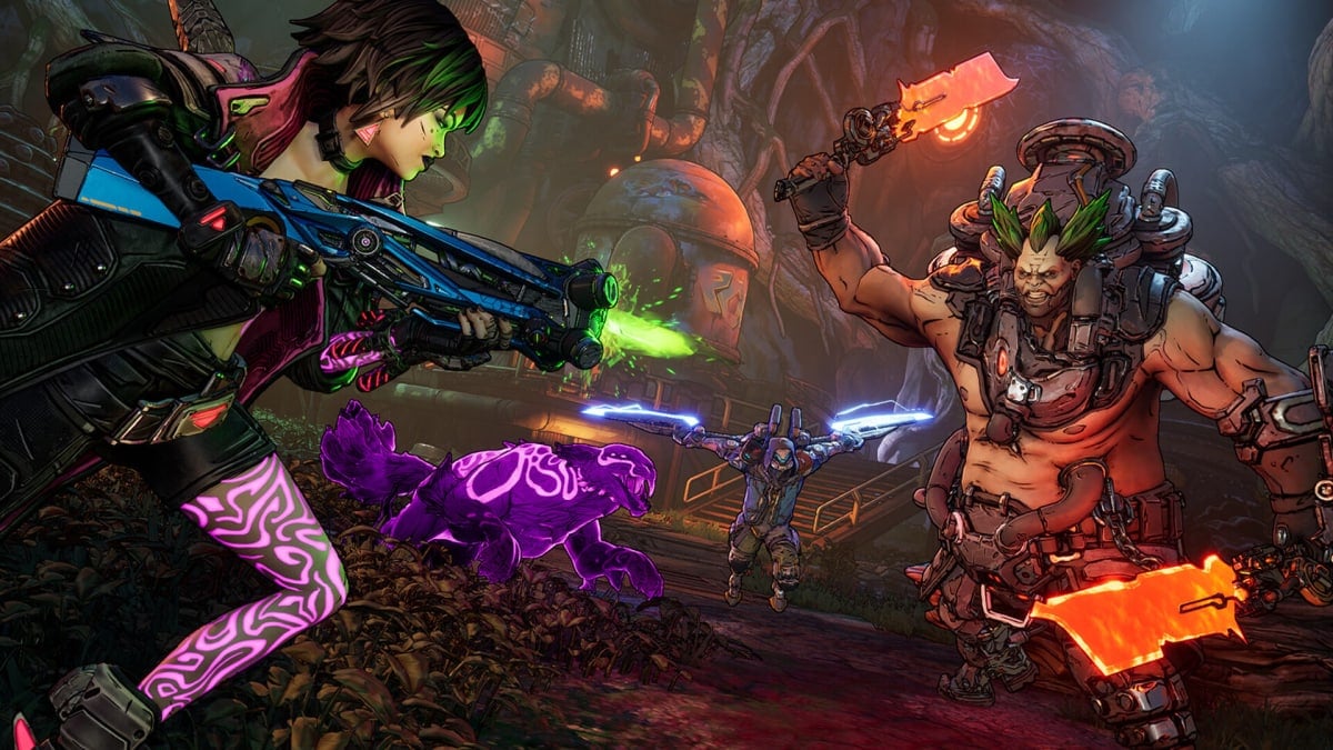 Vex shooting a giant enemy with two glowing melee weapons in Borderlands 4