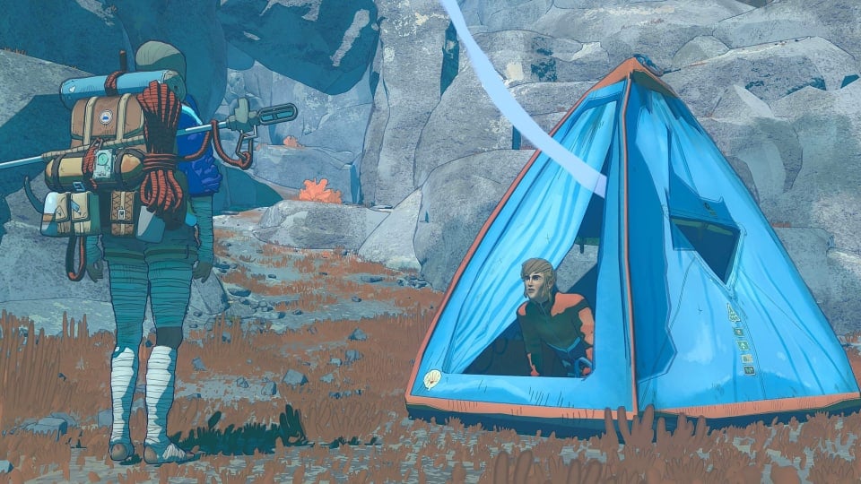A character poking their head out of a tent while another person looks on in The Game Bakers' Cairn