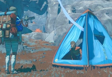A character poking their head out of a tent while another person looks on in The Game Bakers' Cairn