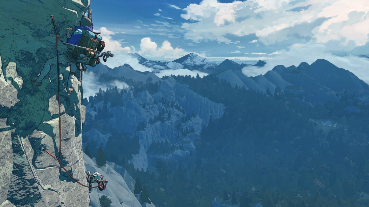 The player climbing a mountain in Cairn