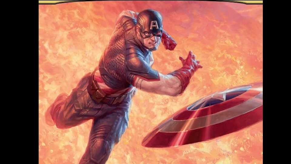 Art from the MTG Card Captain America, First Avenger which features a running Captain America in full blue costume having just thrown his shield up and forward. The image has a brown background, and the whole image is set on a black background