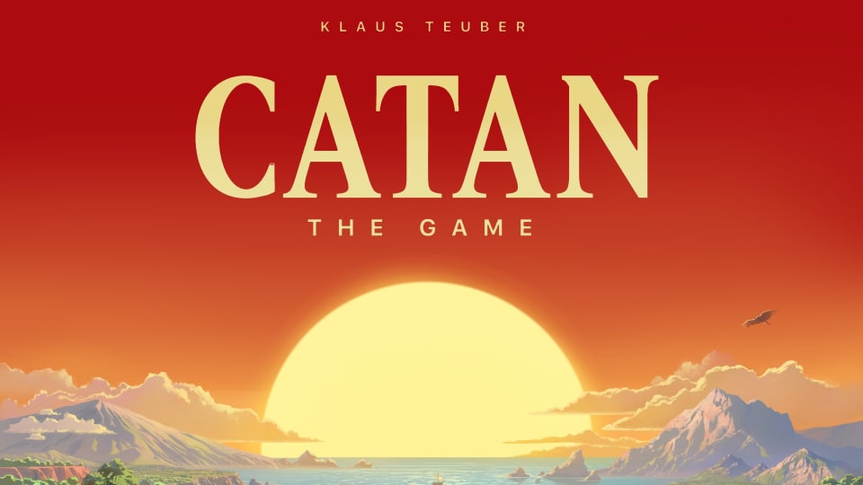 A sunset landscape, the text "Catan, The Game" is visible above in white text.