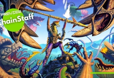 The key art for ChainStaff, where the hero fights off many alien enemies