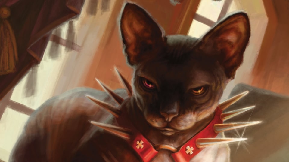 A cat with a red spiked color lying on a four-poster bed.