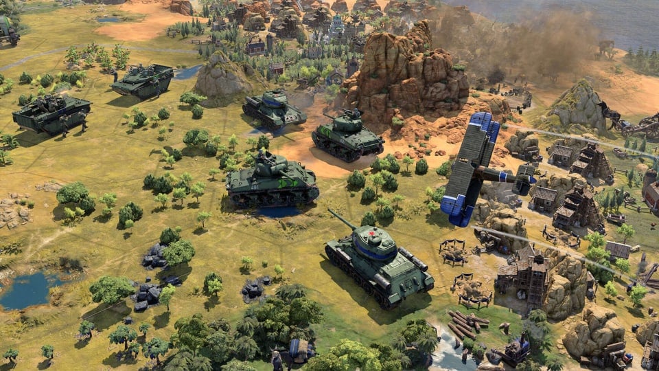Tanks and warplanes assembled on a Civilization VII map