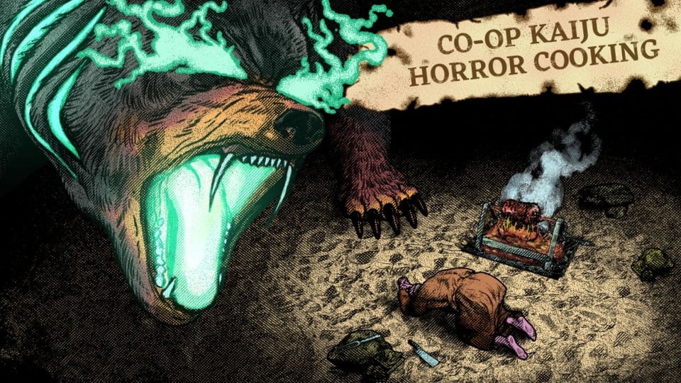 Co-Op Kaiju Horror Cooking key art showing a man bowing down before a giant glowing bear monster