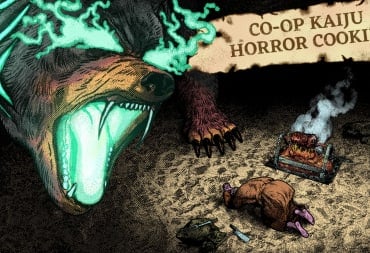 Co-Op Kaiju Horror Cooking key art showing a man bowing down before a giant glowing bear monster