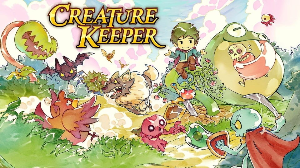 A spread-shot cover of Creature Keeper, featuring several depictions of monsters fighting each other, while player-character Blank sits on a hill and shrugs.