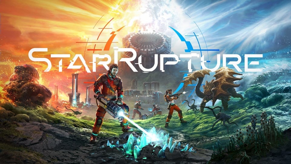 StarRupture key art with title showing multiple prisoner characters mining, sending items, fighting vermin while the Rupture approaches in the background.