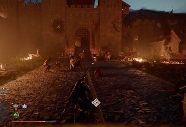 Soldiers fighting inside of a castle with many things on fire.