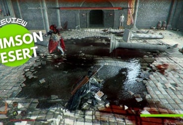 A knight faces off in a keep against a shoulder standing in a puddle.