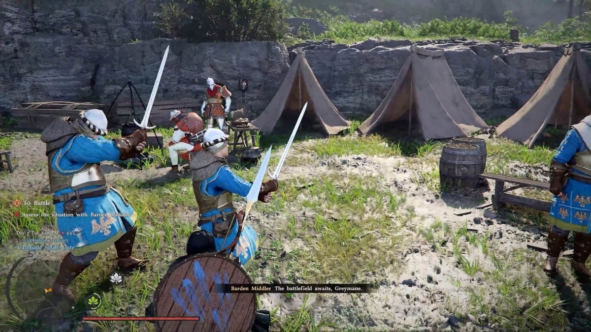 Two soldiers standing with swords drawn having their stances fixed by Kliff.