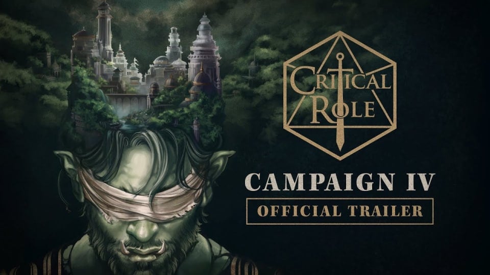 A profile image of a blindfolded orc, a city forming out of the top of his head. The Critical Role logo is visible to the right with text "Campaign 4 Official Trailer" in white letters.