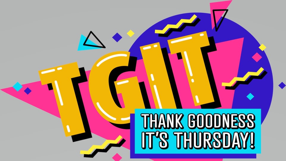 A promo logo titled "TGIT" done in stylized yellow, pink, purple, and blue.