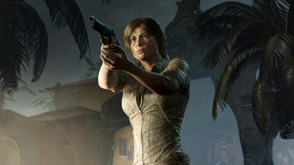 Lara aiming a gun off-screen in Crystal Dynamics' game Shadow of the Tomb Raider