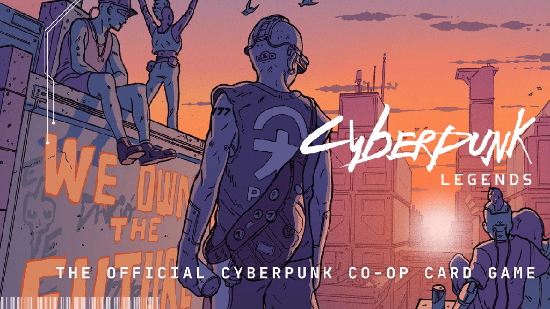 A group of youth in a city block at sunset. The title, "Cyberpunk Legends" is in the lower right corner in white text.