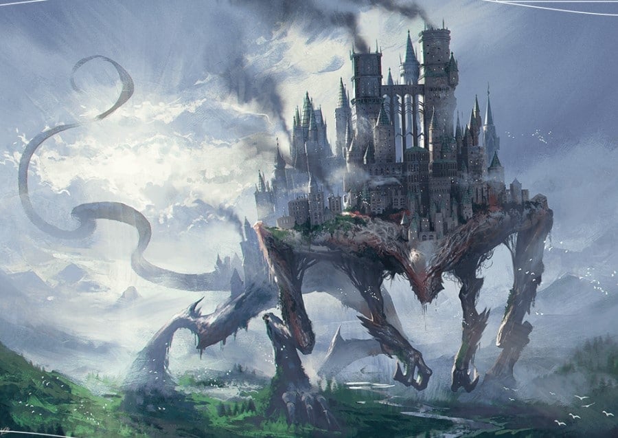 A giant medieval castle town on the back of a mountain-sized monster made of metal walking through a hilly forest.