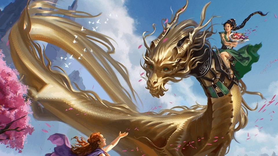 A woman in a green dress riding a golden dragon through a clear sky surrounded by cherry blossom petals.