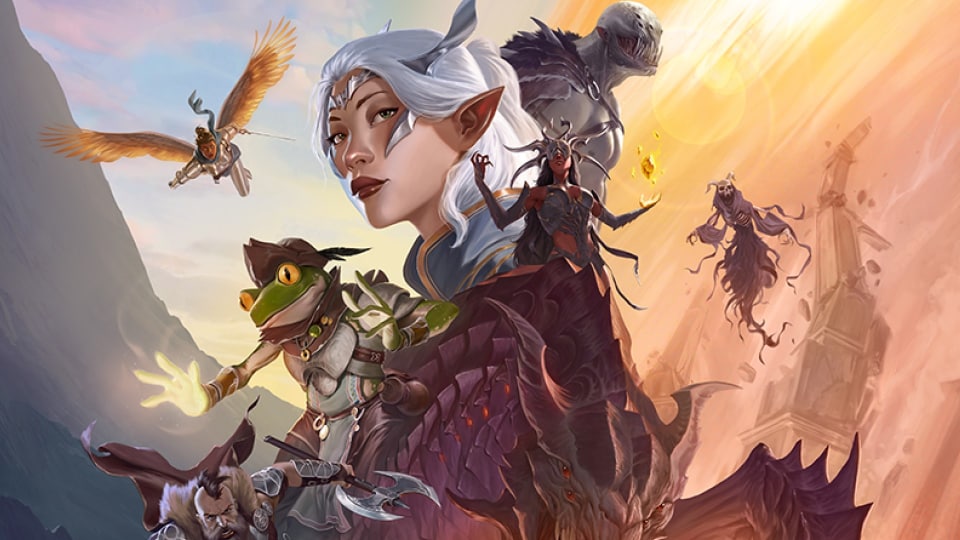 A group photo of a lich, a barbarian, a bird woman, an elf, and a frogman casting spells.