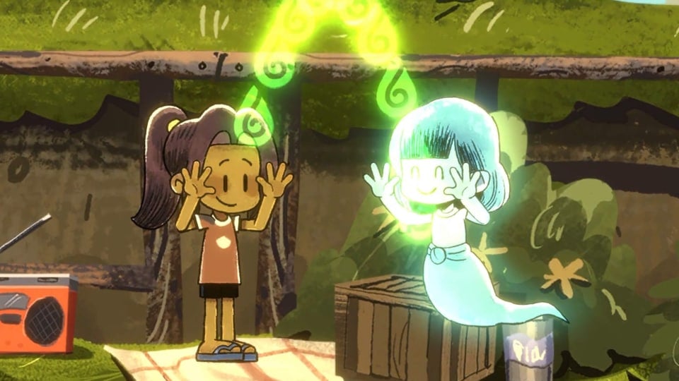 Mai and Pim transferring some kind of energy between them in ToeJam and Earl co-creator Greg Johnson's game Dancing with Ghosts