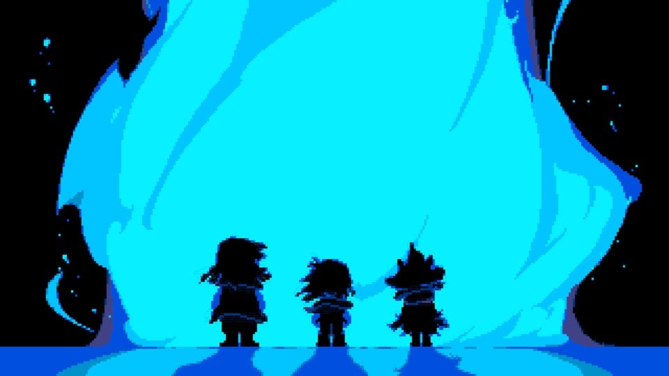 Three characters silhouetted against a blue flame column in artwork for Deltarune