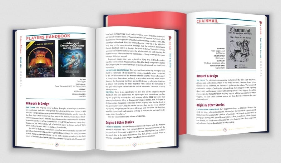 An open book full of text. Screenshots of the AD&D Player Handbook and the Chainmail rulebook are visible.