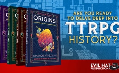 Four different colored hard-cover books with "Designers & Dragons: Origins" as the title. Text on the right reads, "Are You Ready To Delve Deep into TTRPG History?"